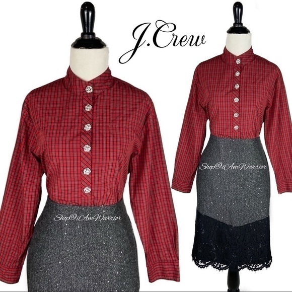 J.Crew red plaid jeweled button popover shirt @shop@iamwarrior - Picture 4 of 12